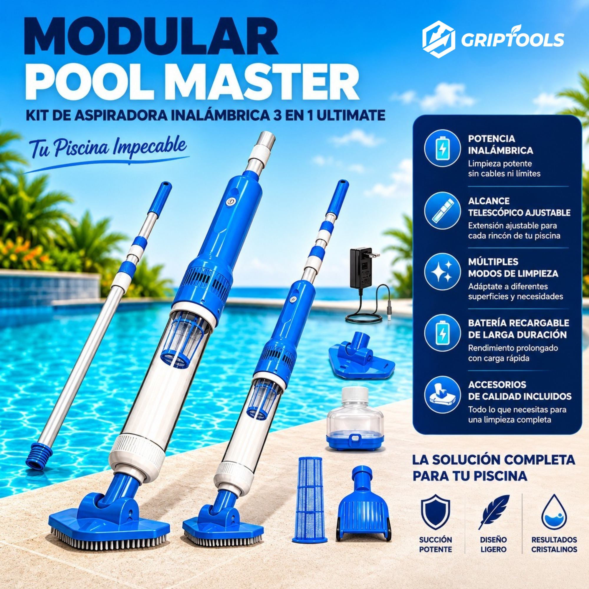 Aspirador de Piscina Sem Fio 3 em 1 Pro