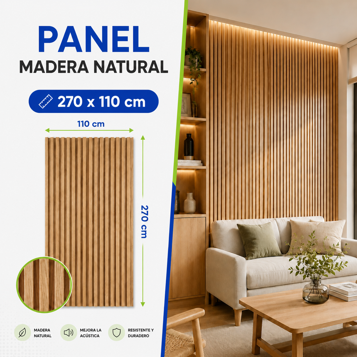 Painel Ripado Premium · Madeira Natural 270×110cm